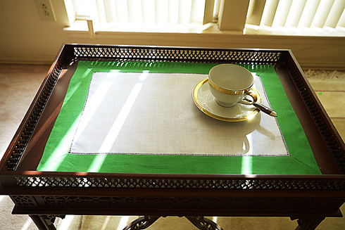 White Hemstitch Placemat 14"x20" with Kelly Green Border.